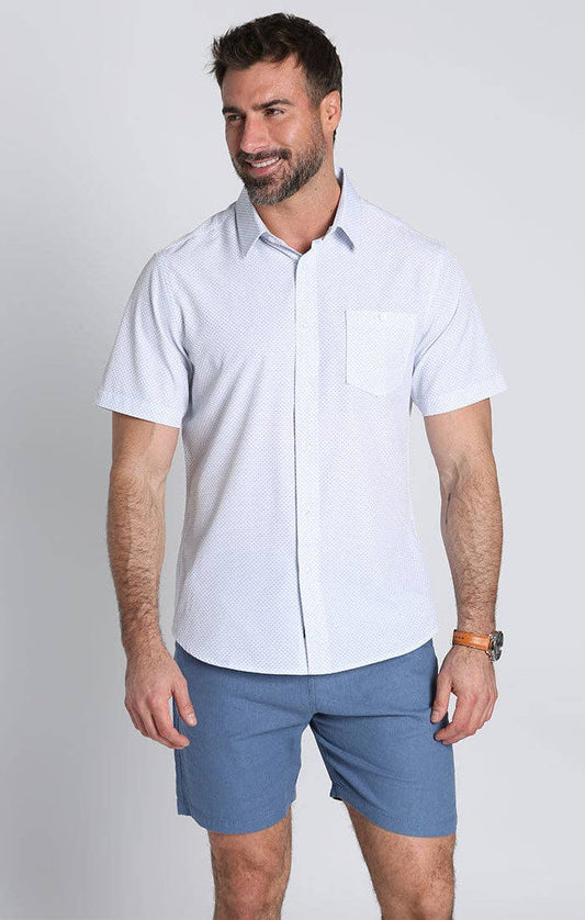 White Micro Print Poly Spandex Short Sleeve Tech Shirt