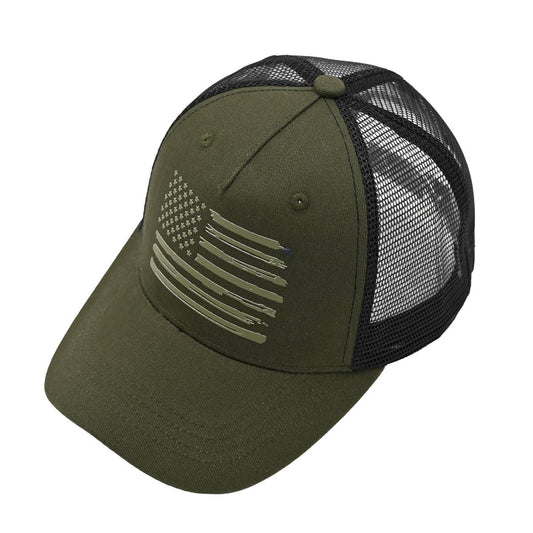 Five Panel Trucker Hat: Painted American Flag (Olive/Black)